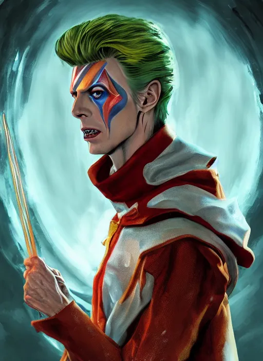 Image similar to A fantasy comic book style portrait painting of David Bowie as a cleric in a stunning fantasy fortress, unreal 5, DAZ, hyperrealistic, octane render, RPG portrait, dynamic lighting