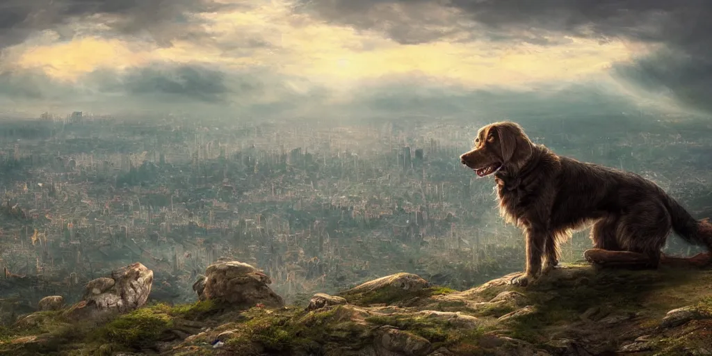 Image similar to breathtaking detailed concept art painting of a dog on the top of a hill, with a beutiful view of a tiny city below the hill, in the style of a childrens book, extremely moody lighting, 8 k