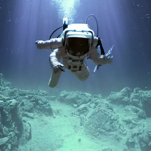 Prompt: In the underwater depths of an alien planet, an astronaut dives and explores this new world