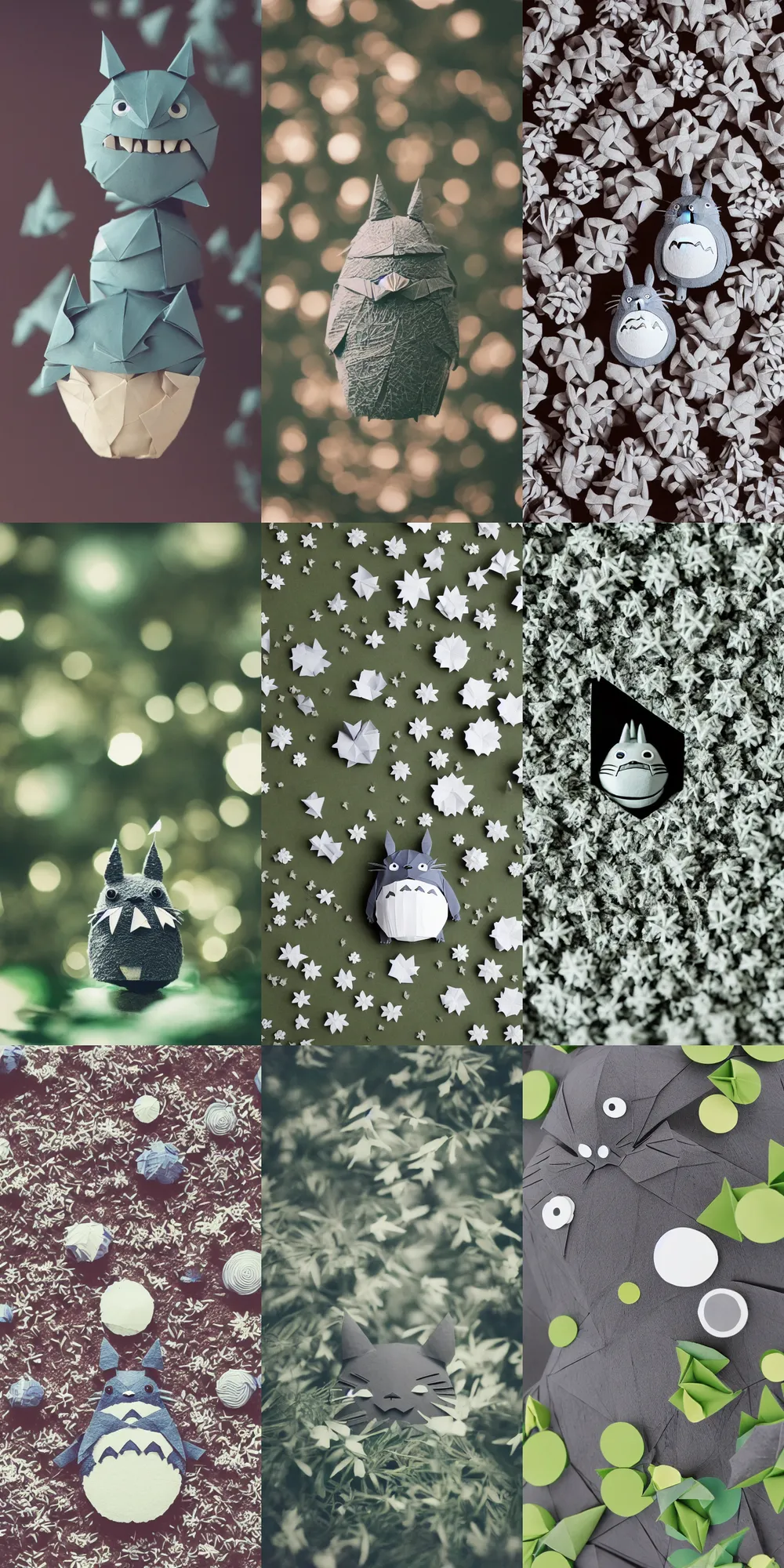 Prompt: totoro in film still with a full still life film still commercial extreme closeup photo of real - life intricate origami forest planet, perfect eyes, tilt shift real - life origami flower background, cinestill, 8 k