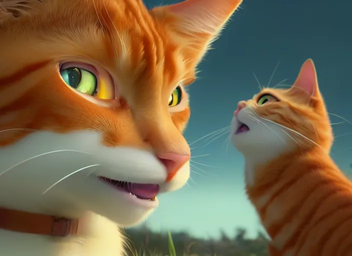 Image similar to a portrait of ginger cat yawning, close up, studio ghibli, pixar and disney animation, sharp, rendered in unreal engine 5, clear sky, anime key art by greg rutkowski, bloom, dramatic lighting