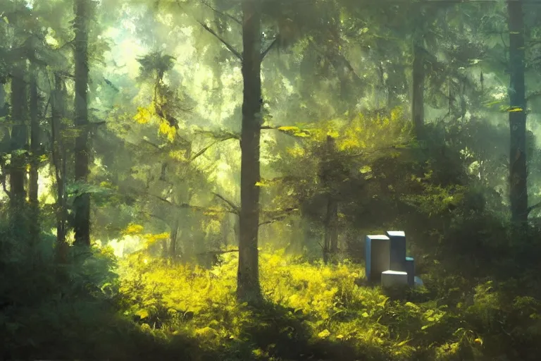 Image similar to An oil painting of a cube in a forest by Craig Mullins, dramatic lighting, realistic shadows, establishing shot, extremely high detail, artstation