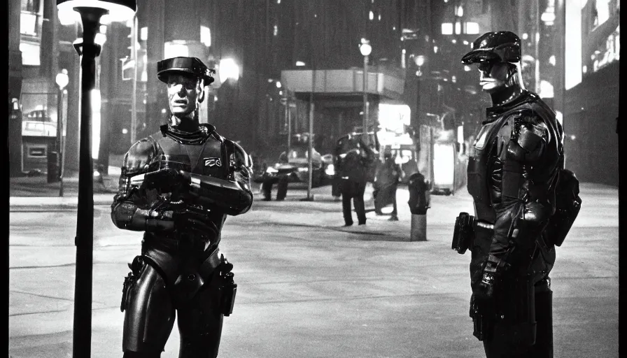 Image similar to peter weller cyborg cop, standing under a street lamp at night in downtown future detroit. leaning against a futuristic police car. criterion collection, movie still. 7 0 mm. imax. film.