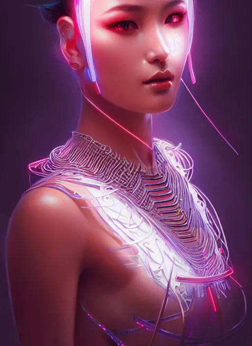 Image similar to portrait of oriental female humanoid, very intricate details, elegant, cyber neon lights, highly detailed, digital illustration, trending in artstation, trending in pinterest, glamor pose, concept art, smooth, sharp focus, art by artgerm and greg rutkowski