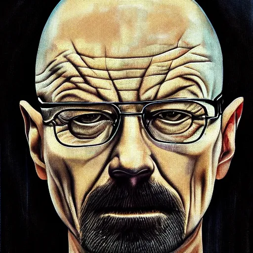 Prompt: walter white portrait, painting by h. r. giger