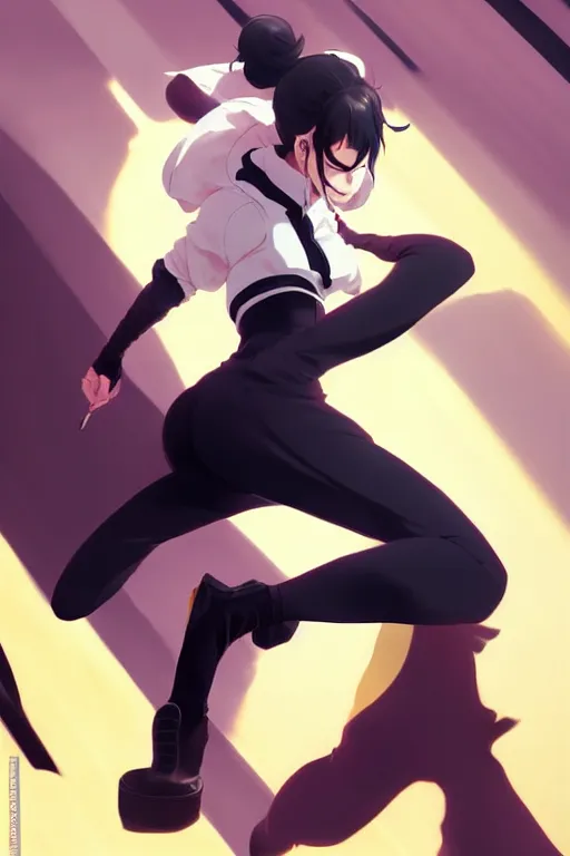 Image similar to black ponytail hair, pale woman in a black zipper jacket, yellow eyes, by artgerm, hair tied in a ponytail, white backdrop, soft lighting, fighting pose, dynamic angle, by greg rutkowski makoto shinkai takashi takeuchi