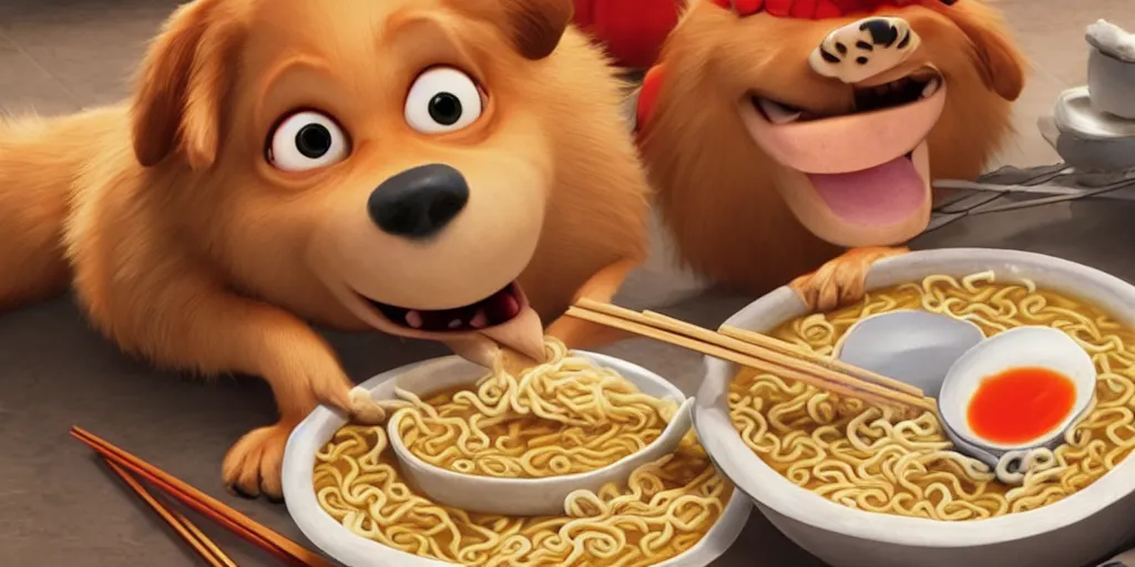 Image similar to A happy dog holding chopsticks and eating a bowl of ramen, hyper realistic, insane detail, Pixar