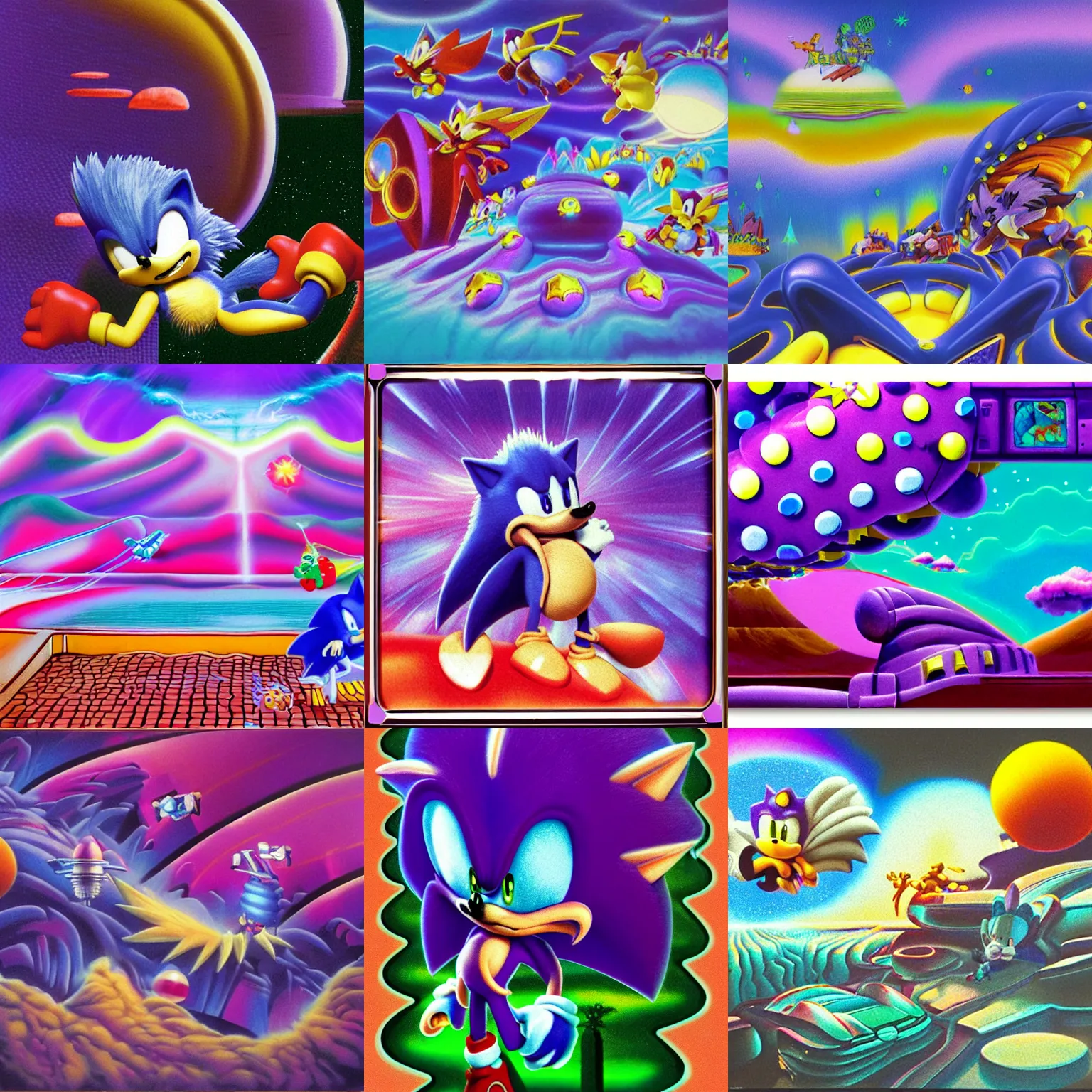 Prompt: dreaming of puffy closeup sonic hedgehog portrait colossal claymation scifi matte painting landscape of a surreal stars, retro moulded professional wooden pastels high quality airbrush art tawdry album peaceful of a liquid dissolving airbrush art lsd sonic the hedgehog swimming through cyberspace purple ambiguous checkerboard background 1 9 8 0 s 1 9 8 2 sega genesis video game album cover