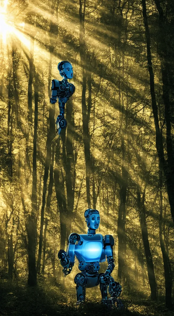 Image similar to a robot portrait in a movie, forest, cinematic shot, sun beams