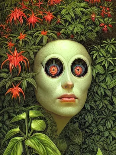 Prompt: The Hanging-Gardens of Pareidolia, lobelia, ivy, verbena and pothos growing facial features and optical-illusions, aesthetic!!!!!!!!!!, by Gerald Brom in the style of Johfra Bosschart in the style of,
