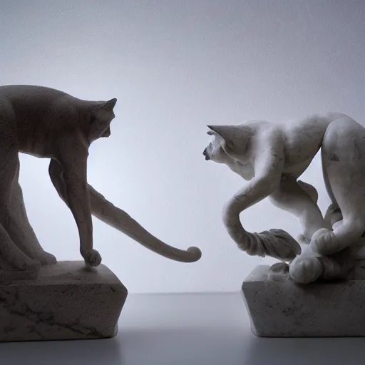 Prompt: two cats play with flowing cloths, marble sculpture, Geovanni Strazza, Bernini, Greek, studio lighting, smooth, bright, 4K, photography, contrast, beautiful lighting, volumetric lighting