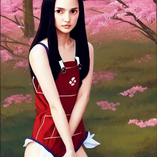 Image similar to a beautiful young japanese natalie portman alluring gravure model, wearing elegant designer overalls, elegant overalls with mesoamerican patterns, mesoamerican native street fashion, princess mononoke, by and wlop and ilya kuvshinov and artgerm and, aesthetic, gorgeous, stunning, alluring, attractive, artstation, pinterest, digital art