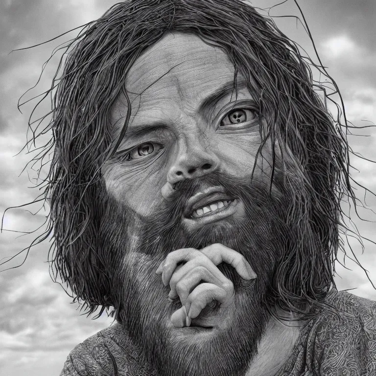 Prompt: surreal portrait of Jesus Christ by Shintaro Kago, beautiful detailed intricate insanely detailed BW 3D render digital art, octane render, 8K artististic portrait photography