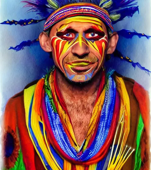 Image similar to Portrait of a shaman dressed in a colorful traditional clothes. His face is painted. Painting in the style of alex grey