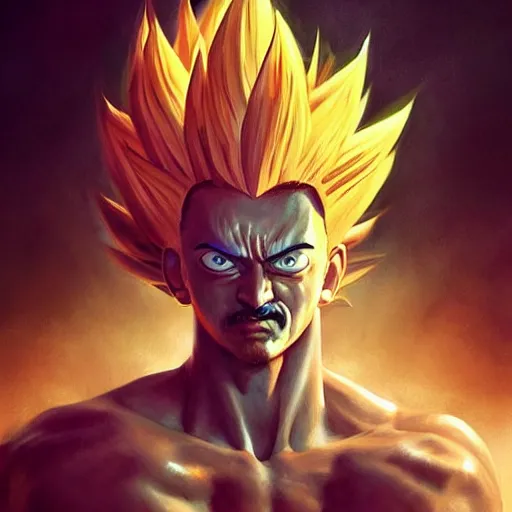 Prompt: salvador dali super saiyan, cinematic lighting, highly detailed, concept art, art by wlop and artgerm and greg rutkowski, masterpiece, trending on artstation, 8 k