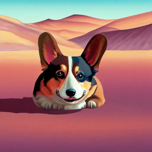 Image similar to a corgi on mars, detailed digital illustration, hyperrealistic