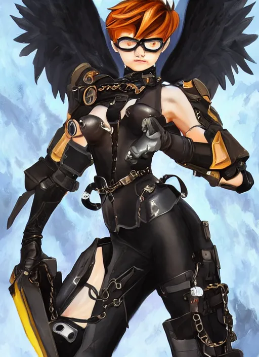 Image similar to full body of tracer overwatch, angel wings, dramatic painting, symmetrical composition, wearing detailed leather collar, black shiny armor, chains, black harness, detailed face and eyes,