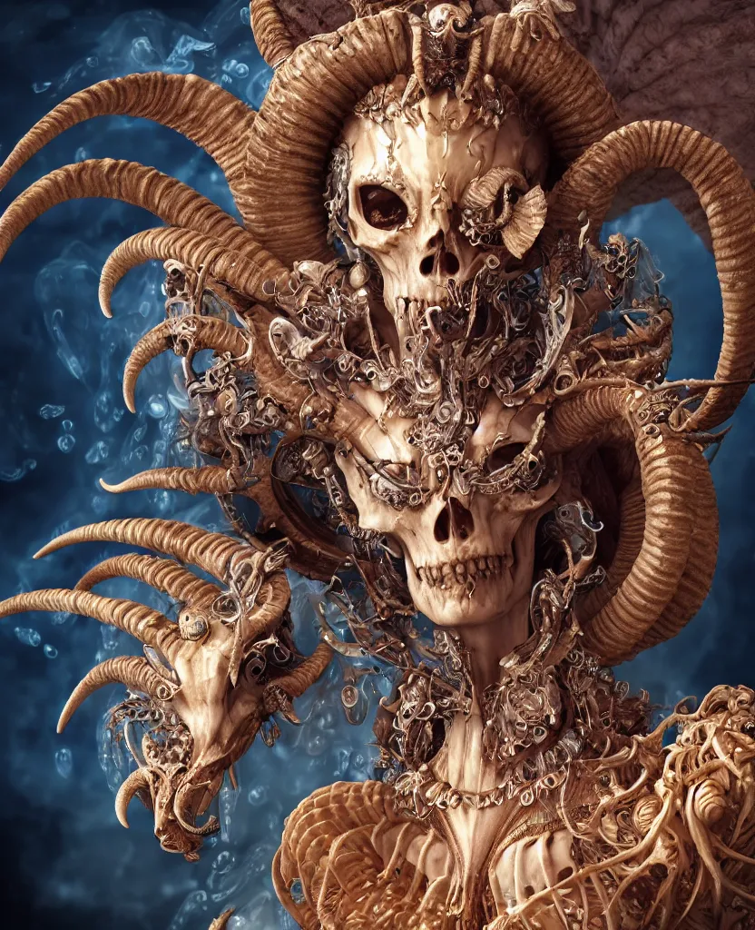 Image similar to close-up macro portrait of the face of a beautiful princess with ram goat satan mask, epic angle and pose, ribcage skeleton symmetrical artwork, 3d with depth of field, blurred background, cybernetic jellyfish female face skull phoenix bird, translucent, nautilus, energy flows of water and fire. a highly detailed epic cinematic concept art CG render. made in Maya, Blender and Photoshop, octane render, excellent composition, cinematic dystopian brutalist atmosphere, dynamic dramatic cinematic lighting, aesthetic, very inspirational, arthouse. y Greg Rutkowski, Ilya Kuvshinov, WLOP, Stanley Artgerm Lau, Ruan Jia and Fenghua Zhong