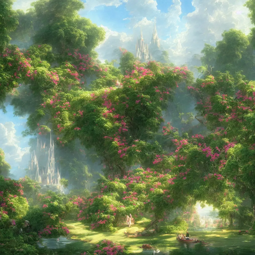 Image similar to very detailed and perfectly readable fine and soft relevant outlines soft edges painting by beautiful walt disney animation films of the late 1990s and Thomas Cole in HD, we see a futuristic giant military design boeing architecture in a french perfect garden, nice lighting, perfect readability, UHD upscale