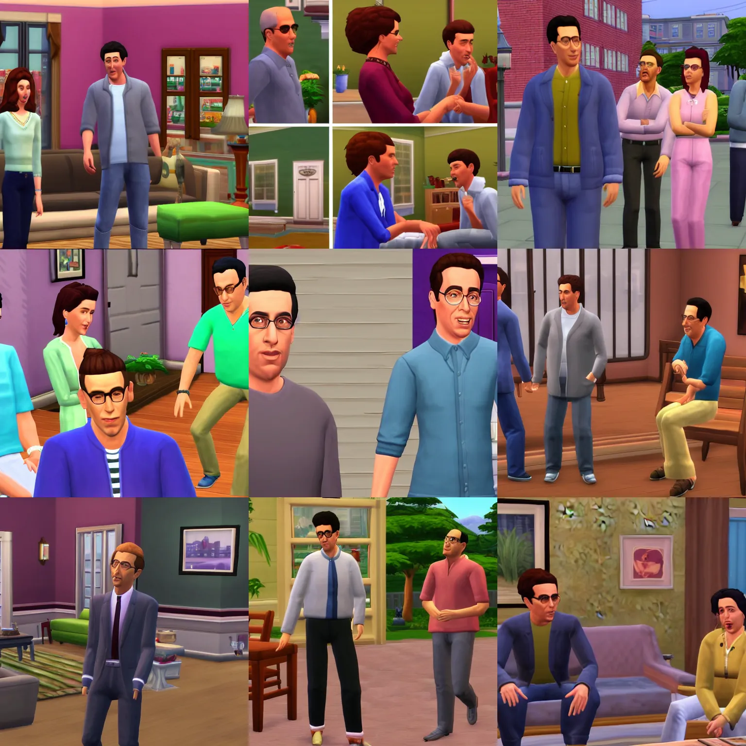 Prompt: seinfeld episode in the sims 4, kramer, jerry seinfeld, george costanza, elaine benes