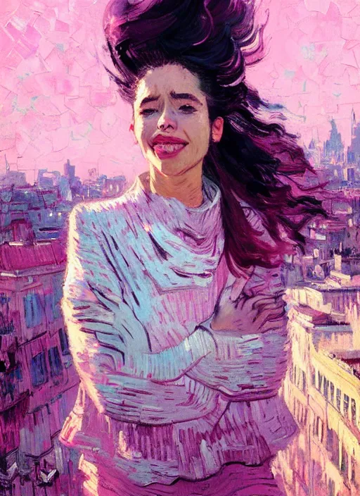 Image similar to portrait of a beautiful girl, city backdrop, smiling, ecstatic, eyes closed, open mouth, shades of pink and blue, beautiful face, rule of thirds, intricate outfit, spotlight, by greg rutkowski, by jeremy mann, by francoise nielly, by van gogh, digital painting