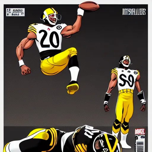 Prompt: detailed najee harris jumping over defender, steelers uniform, in the style of a marvel comic book, realistic, trending on artstation