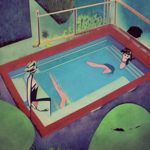 Prompt: floating deflective ancient pool web magpie pot metal album cover packet, by ghibli studios and henri matisse and banksy, photography, cubist, storybook illustration