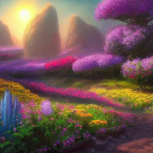 Prompt: flower field at the end of time, by Tyler Edlin, 8k resolution, trending on art station