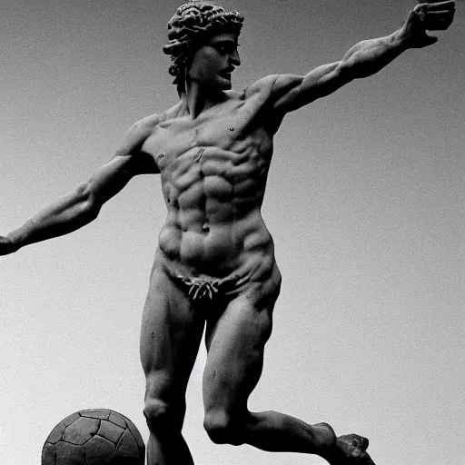 Image similar to a photorealistic image of michelangelo's sculpture of david playing football