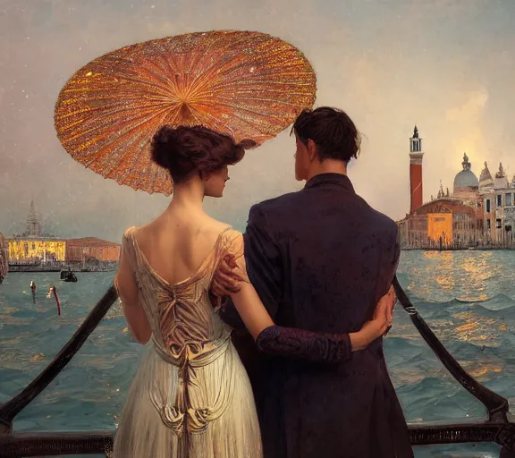 Prompt: photography of a couple in venice with fireworks, deep focus, intricate, elegant, highly detailed, digital painting, artstation, concept art, matte, sharp focus, illustration, art by artgerm and greg rutkowski and alphonse mucha and gil elvgren