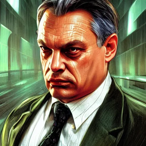 Image similar to [Viktor Orban in the movie Matrix as GTA character, closeup, D&D, intricate, elegant, highly detailed, digital painting, artstation, concept art, matte, sharp focus, illustration, art by Artgerm and Greg Rutkowski and Alphonse Mucha and Enki Bilal]