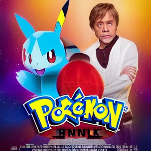 Image similar to a live action Pokemon movie poster featuring Ariana Grande and Mark Hamill