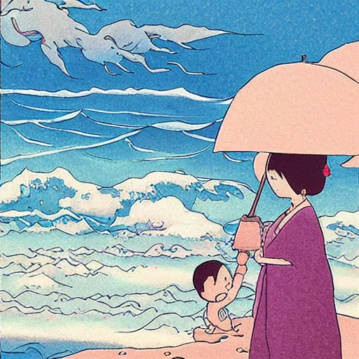 Prompt: “detailed illustration or mother and child playing next to the ocean, Miyazaki arty style”