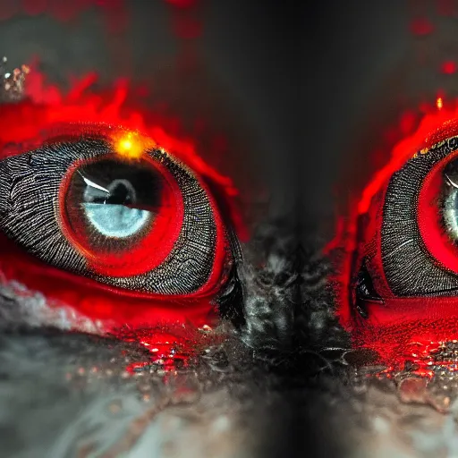 Image similar to A pair of bright red eyes, hd, intricate, Highly detailed, beautiful, reflective, glowing, 8k, digital art, realism, award winning photo, moody