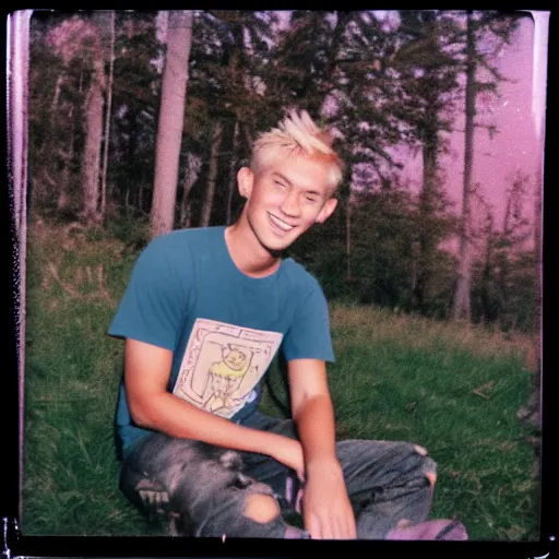 Image similar to flash photography polaroid of a young man with blonde hair sitting by a campfire nearby, smiling at the camera, wearing a pink t-shirt, retro 90s photograph, image artifacts