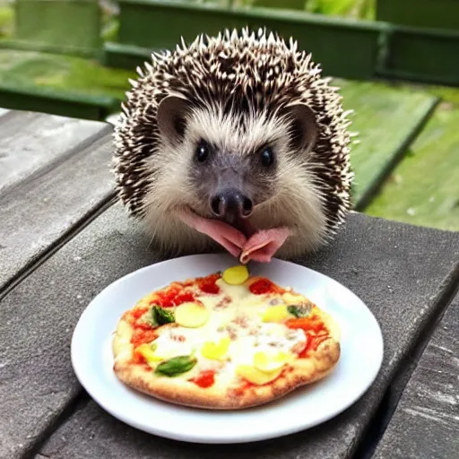 Image similar to still image of a cute hedgehog sitting at a tiny table eating a tiny pizza, photo