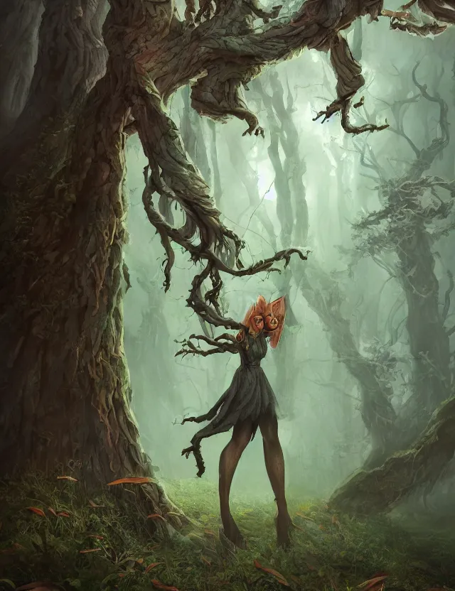 Prompt: witch of the lichen woods. this air brush painting by the award - winning concept artist has an interesting color scheme, plenty of details and impeccable lighting.