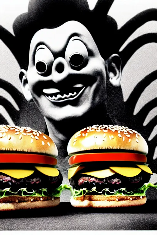 Image similar to mcdonald's horror retro tv advertisement, nightmare, burger surrounded by worms, black and white, ultra realistic, 4 k, digital art, cinematic style of david kronenberg