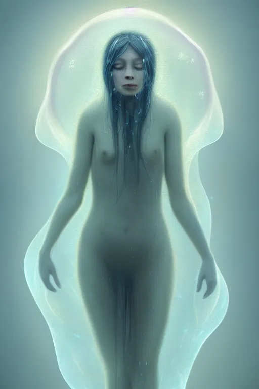 Image similar to Bioluminescent jellyfish, Her breath shot a haze of steam out into the frosty morning air concept, soft light, soft mood, realistic body features and face, illustration,intricate ornament halo, painting oil on canvas by Elena Zhurikhina and Goro Fujita and Charlie Bowater, octane render trending on artstation, 4k, 8k, HD