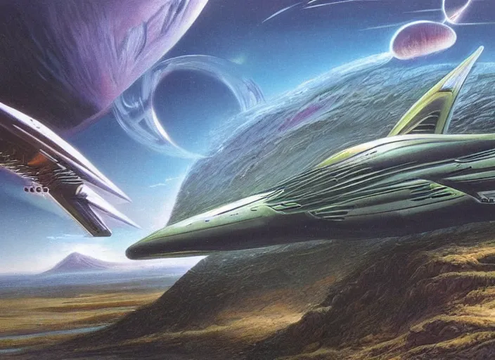 Prompt: a spaceship in a stunning landscape by jim burns