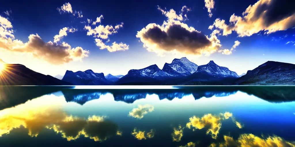 Image similar to a beautiful landscape, sun rises between two mountains, a lake in between the mountains, blue sky, cloudy, photograph, high resolution, extremely detailed, hyper realism