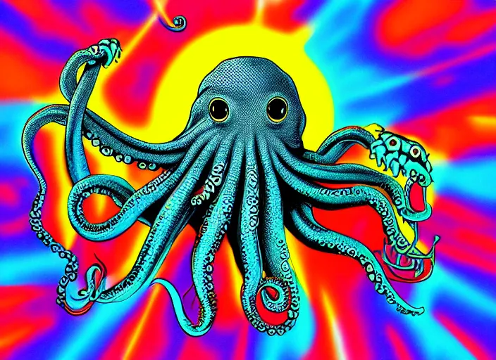 Prompt: highly detailed graphitti, Cthulhu, octopus, waves, bold colors, graphitti, digital spray paint graphitti