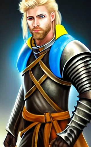 Image similar to a rugged young knight with blonde hair and blue eyes and a short beard and a scar under his left eye wearing a blue shirt steel pauldrons and a yellow cape and leather boots by Tony Sart, realistic, highly detailed, masterpiece, ArtStation