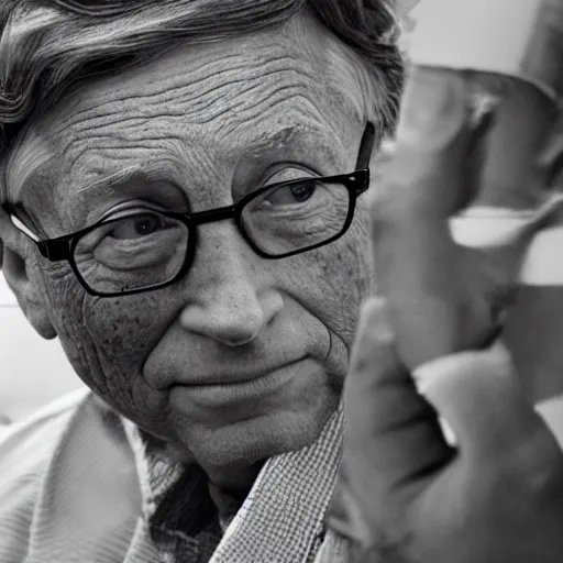 Prompt: bill gates as a north vietnamese war hero in a trench, violent, sharp focus, hyper realistic, sony 5 0 mm lens