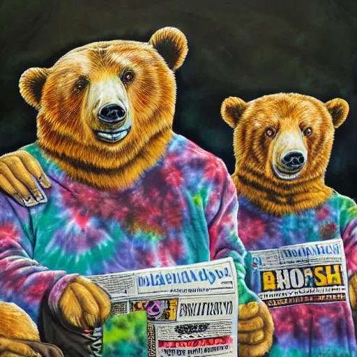 Image similar to 3 bears in tie dye shirts reading newspapers, highly detailed, portrait painting, illustration by scott gustafson