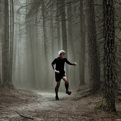 Prompt: man running through the forest wearing silver clothes gothic style of david lynch cinematic