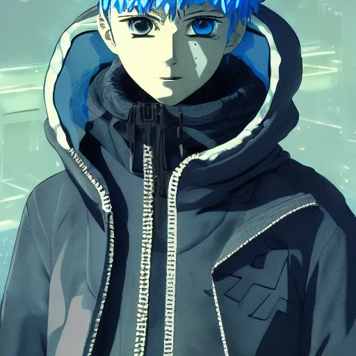 Image similar to killua zoldyck, edgy streetwear, techwear, cyberpunk style outfit, scifi, blue side lighting, detailed portrait, intricate complexity, by greg rutkowski, ross tran, conrad roset, takato yomamoto, ilya kuvshinov. 4 k, beautiful, aesthetic octane render, cinematic dramatic atmosphere