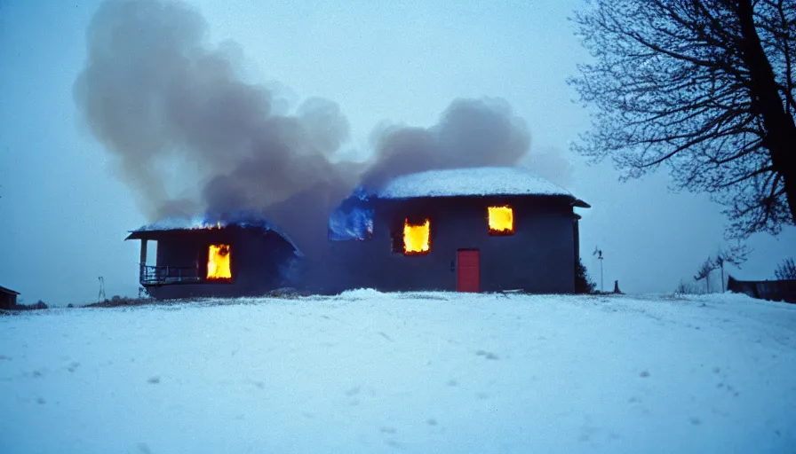 Prompt: 1 9 7 0 s movie still of a burning french style little house in a small northern french village by night in winter, cinestill 8 0 0 t 3 5 mm, heavy grain, high quality, high detail, dramatic light, anamorphic, flares