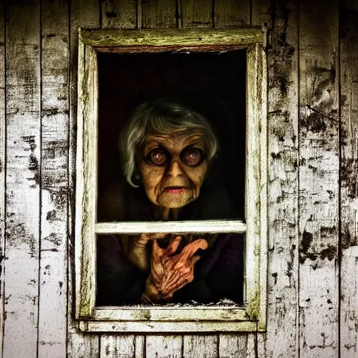 Prompt: creepy old lady looking through a window, cabin in the woods