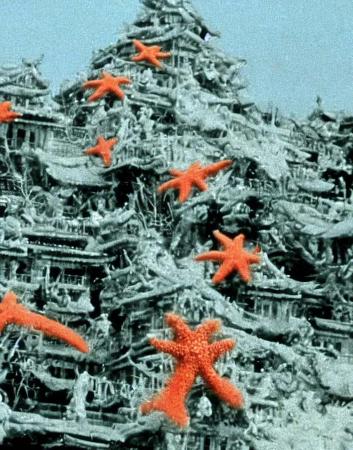 Image similar to a filmstill of a north korean monster movie, kaiju - eiga monster starfish - like trampling a traditional korean palace, kodachrome, film noir, dream - like, etheral, explosions, thriller, by akira kurosawa and wes anderson video compression